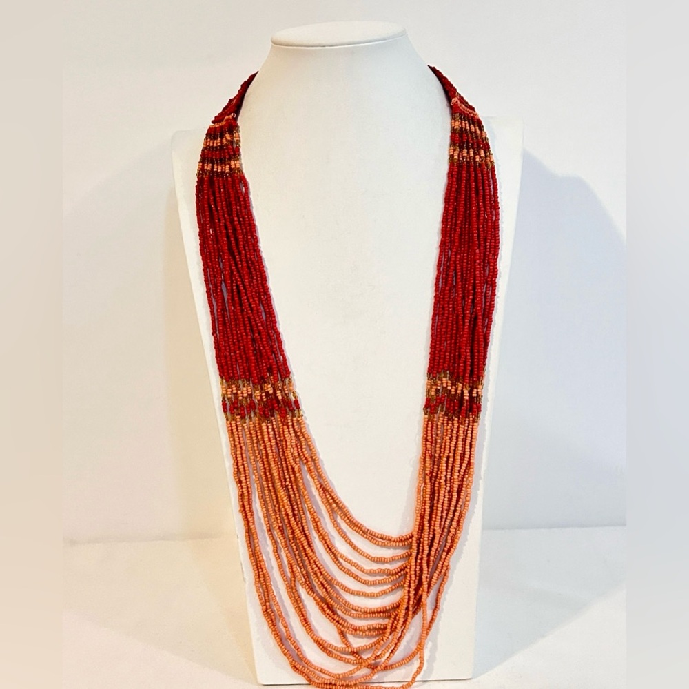 Vintage Elegant Red Orange Multi Strand Glass Micro Bead Necklace India 27" Long